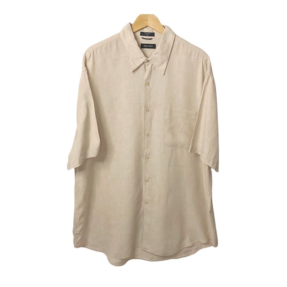 Nautica Mens XL Shirt Linen Tan Short Sleeve Button Up Vacation Travel Beach